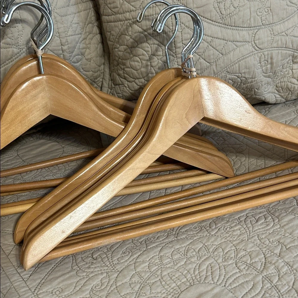 10 Wooden Suit Hangers with Chrome Swivel Hooks - Natural Wood Never Used